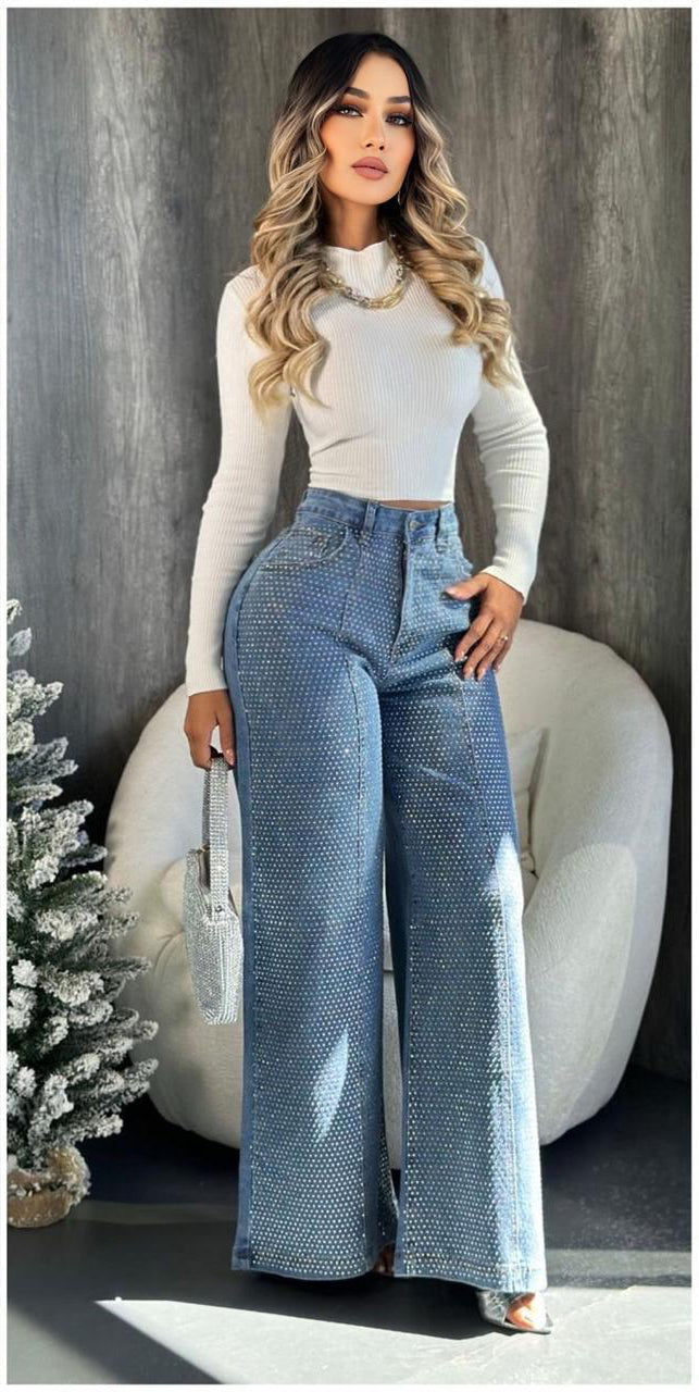 ✨ Jeans Wide Leg Brillantes Azul– Edición Glam