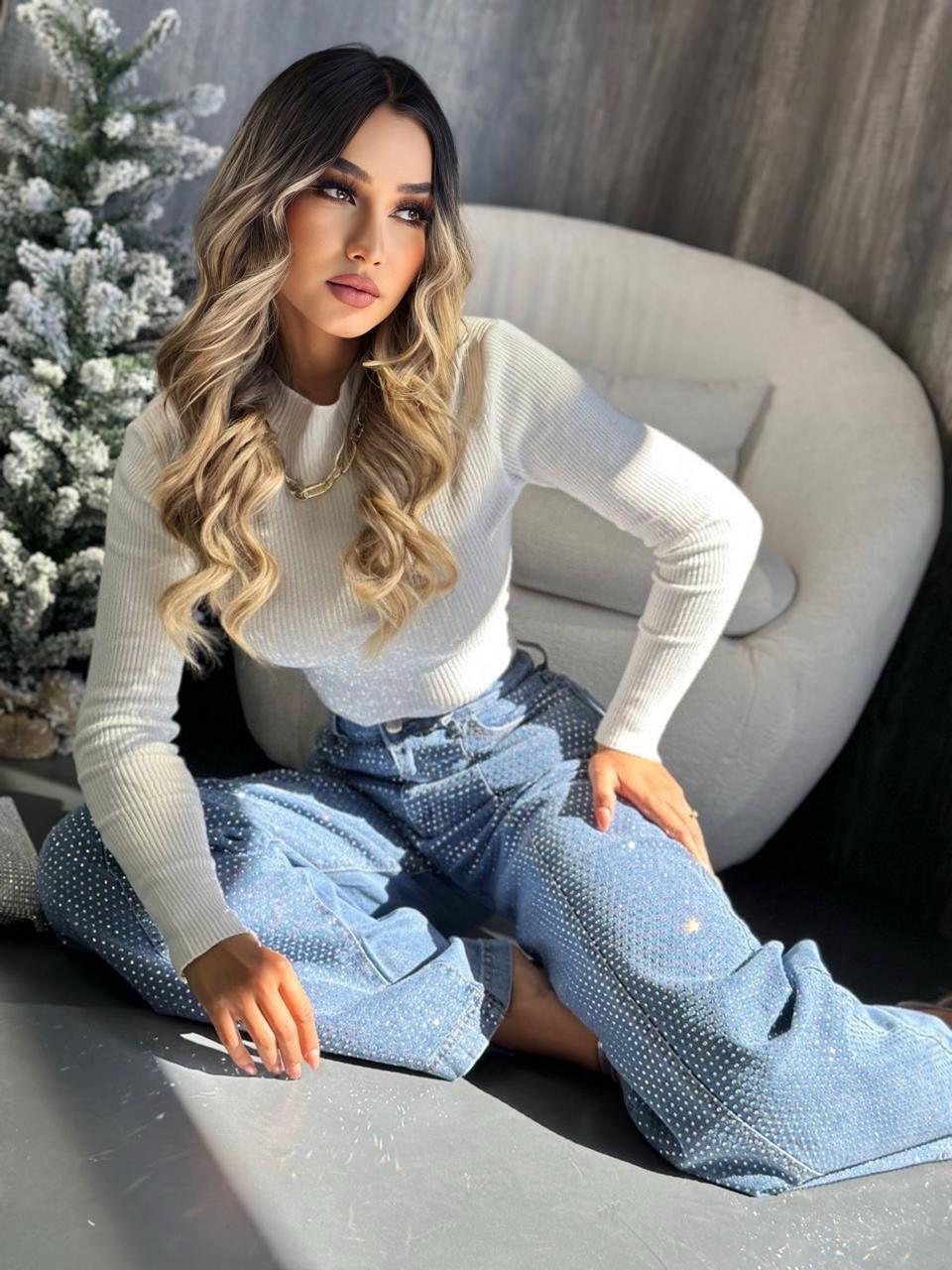 ✨ Jeans Wide Leg Brillantes Azul– Edición Glam