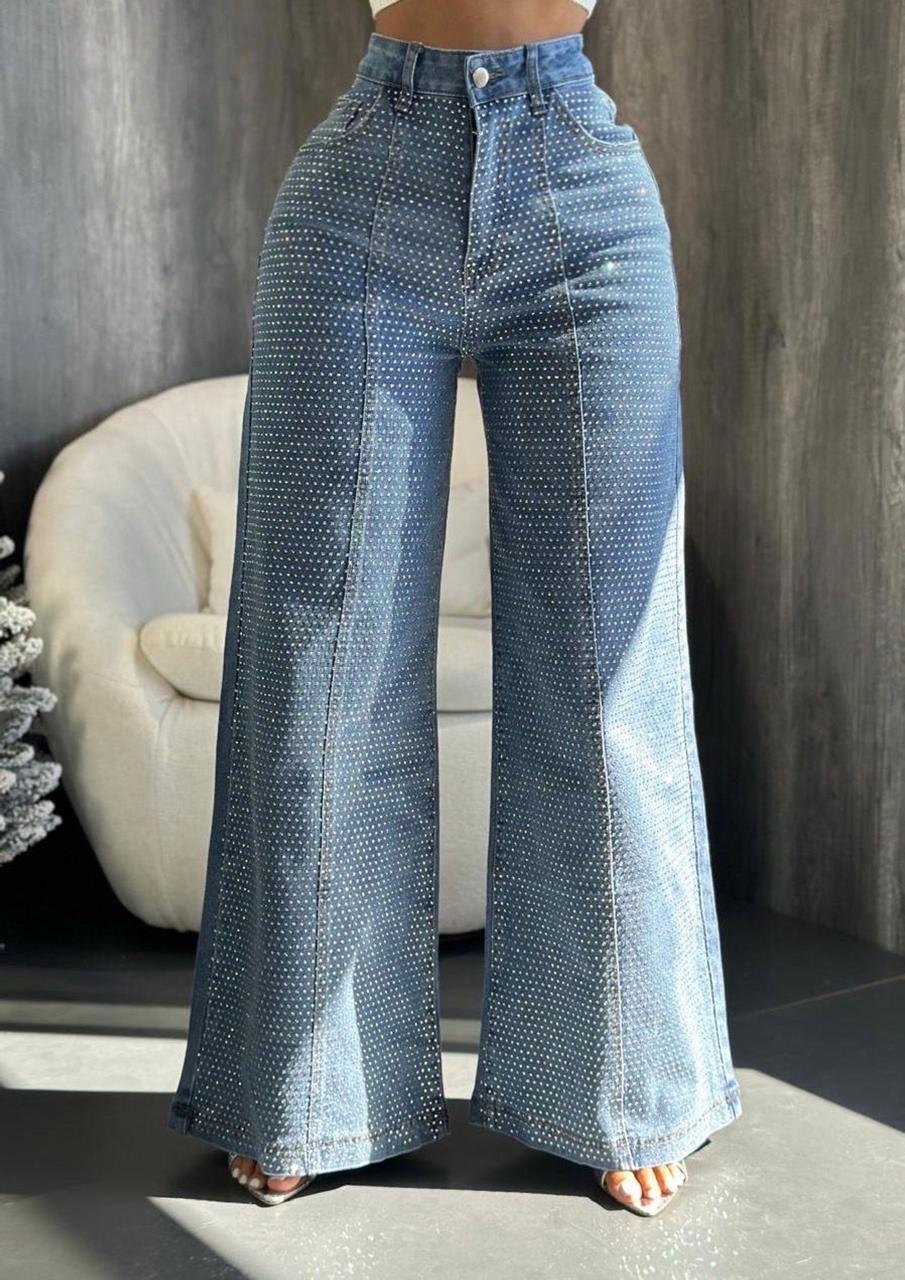 ✨ Jeans Wide Leg Brillantes Azul– Edición Glam